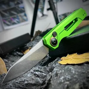 Assist Button Lock Knife, EDC Folding Pocket Knife for Men, Stonewashed Reverse Blade, Green Aluminum Handles Pocket Clip for Everyday Carry Outdoor Camping