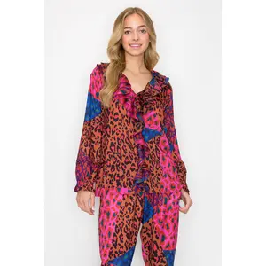 Wanice Cascade Ruffle Printed Charmeuse Top