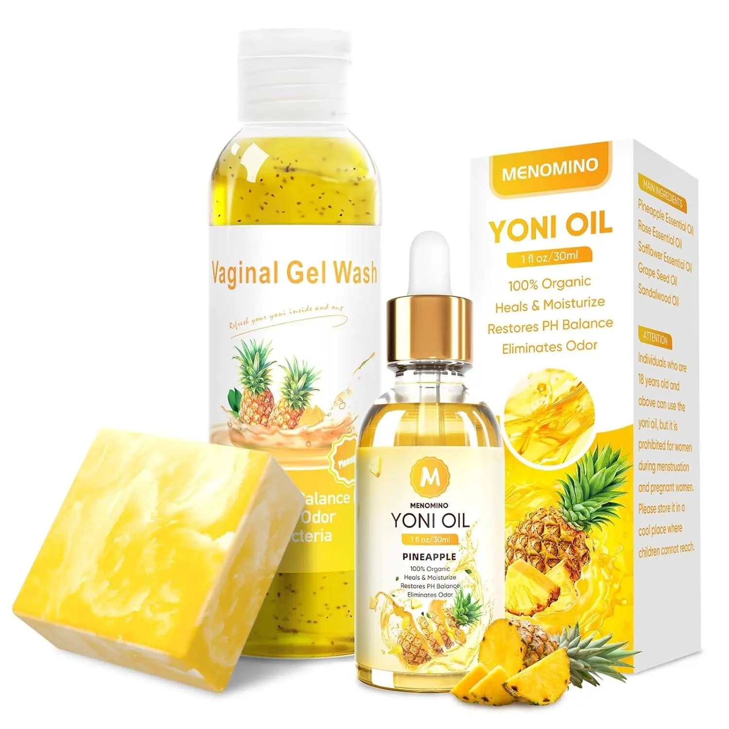3-in-1 Feminine Care Set - Pineapple Yoni Wash, Soap Bar & Essential Oil for Women pH Balance - Moisturizing & Odor Control Intimate Care Bundle Pack