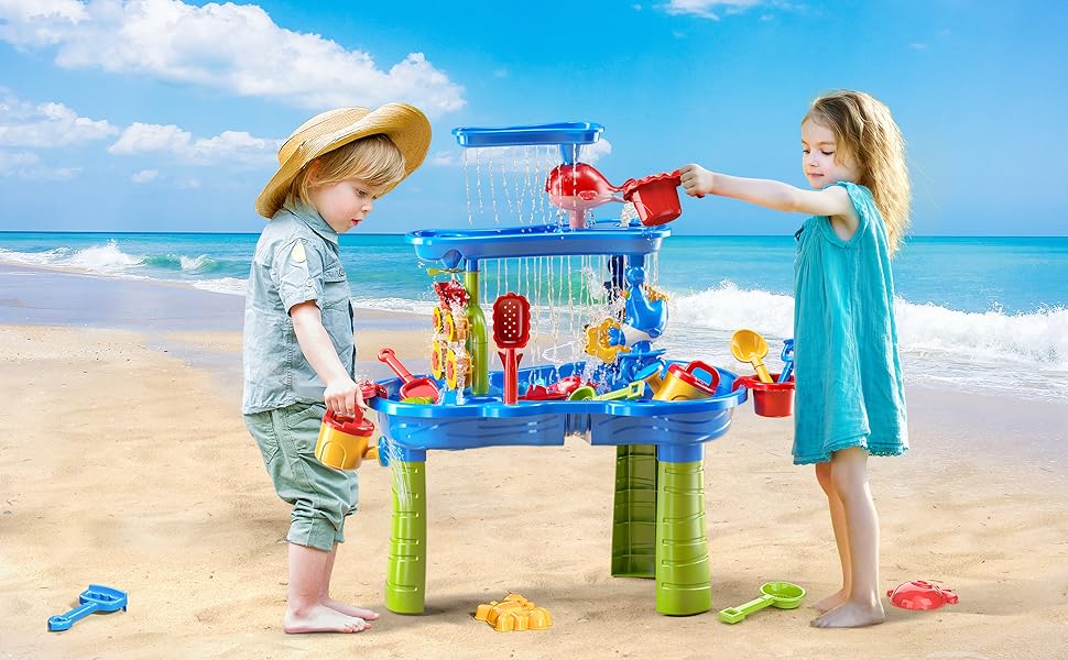 3-Tier Kids Sand Water Table for Beach, 39PCS Activity Sensory Play Table Toys for Toddlers, Water Activity Tables Summer Gift Toys for Outside Backyard summerwins