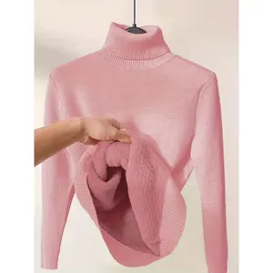 Solid Turtle Neck Pullover Sweater Women's Casual Long Sleeve Thermal Pink Knitwear Polyester QJ17235