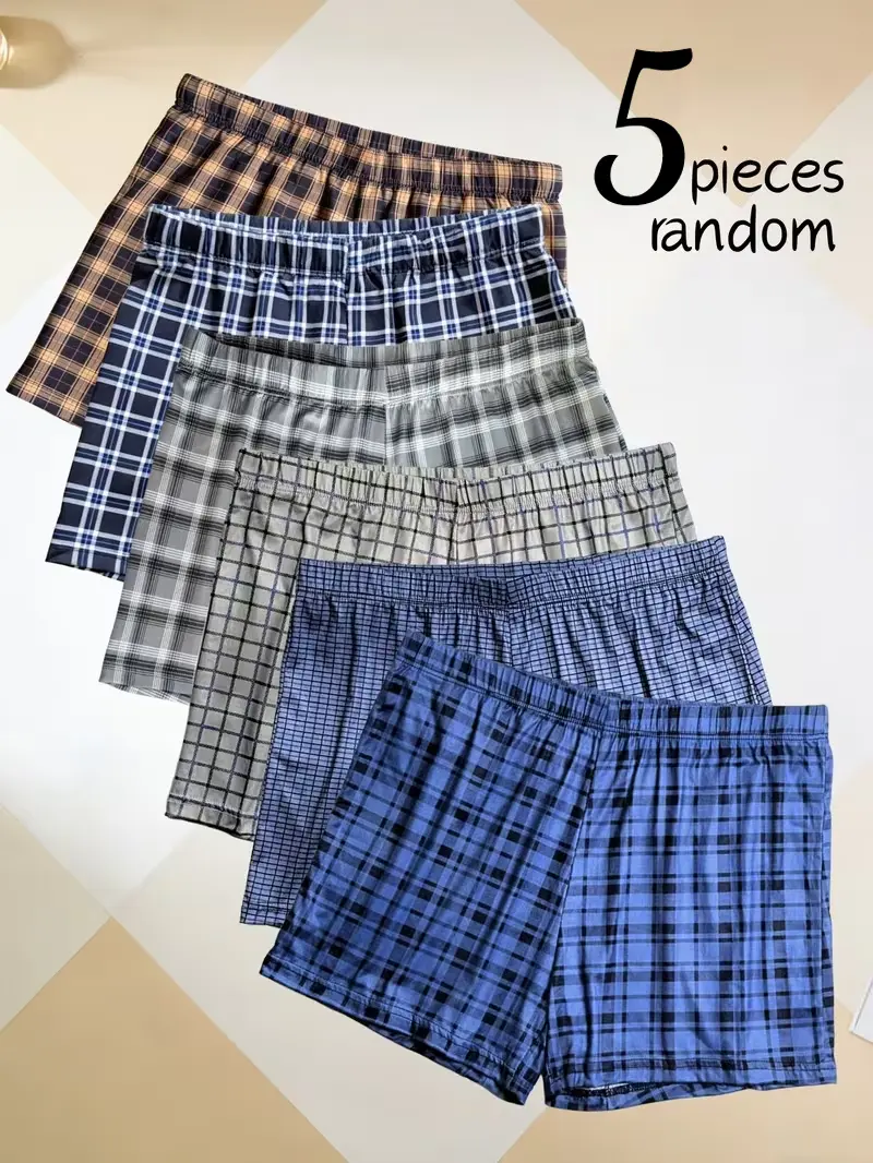 Random 5pc Men's Plaid Pattern Lounge Shorts Ultra-Soft Breathable Fabric Casual Home Men Underwear Fashionable and Simple Men's Boxer