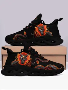 Men's Dragon Print Lace Up Blade Sole Sneakers, Casual Comfortable Breathable Sports Running Shoes, Casual Running Footwear, Fashionable Sneakers for Daily Wear