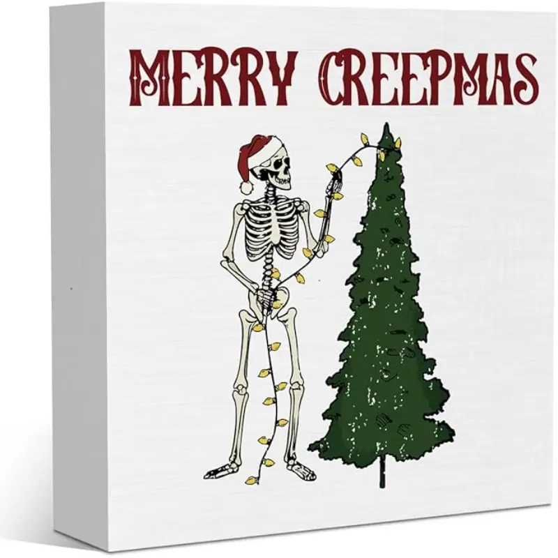 Funny Gothic Christmas Decor Wood Sign Xmas Gifts for Women Men Merry Creepmas Skeleton Spooky Christmas Decorations for Home Farmhouse Office Bedroom Bathroom Desk Shelf Wooden Box 5×5 Inches