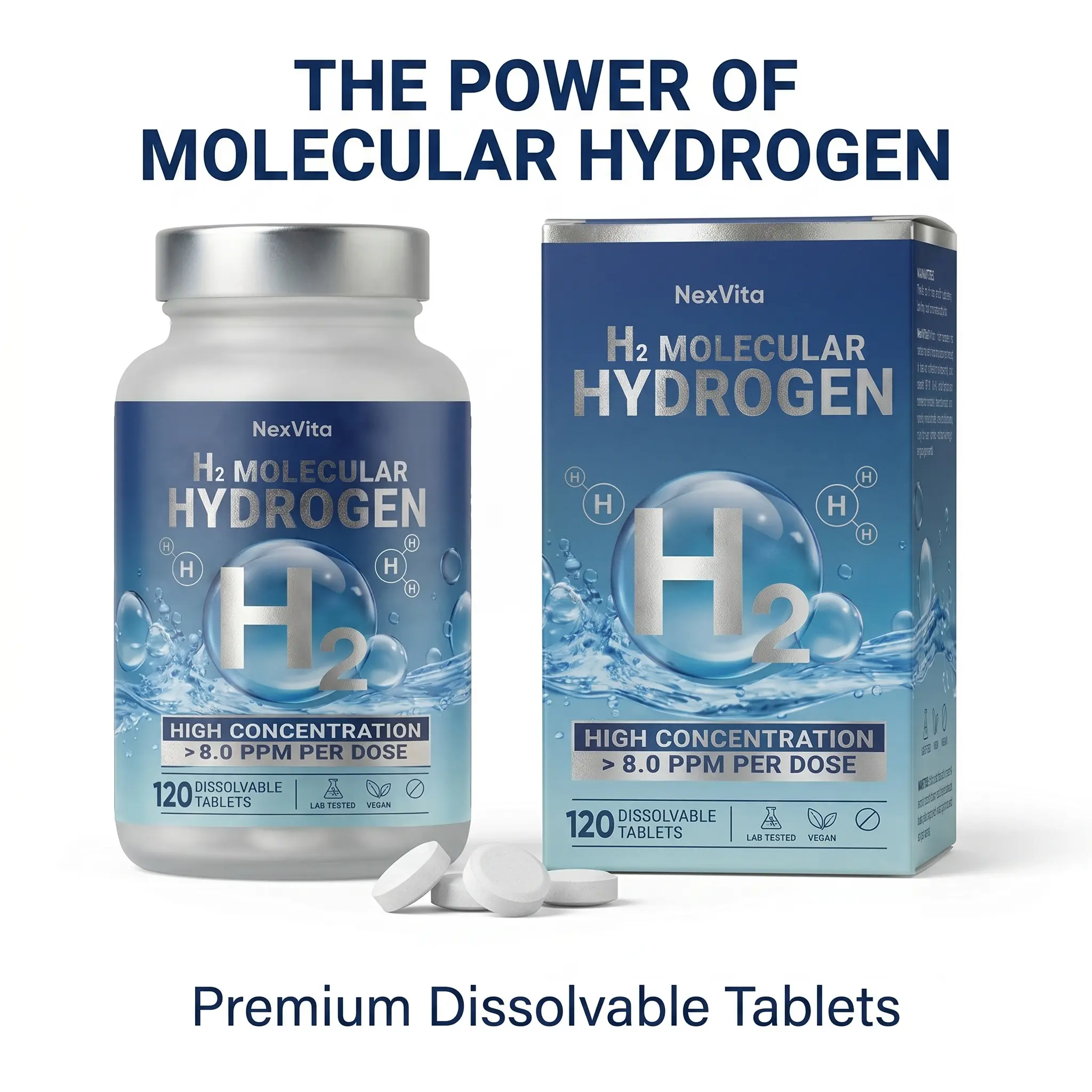 High‑Concentration Molecular Hydrogen Tablets – >8.0 PPM Dissolvable H₂ Supplement for Antioxidant Support, Hydration & Recovery – Caffeine‑Free Boost for Focus, Energy & Daily Wellness – 120 Tablets Healthcare Fitness