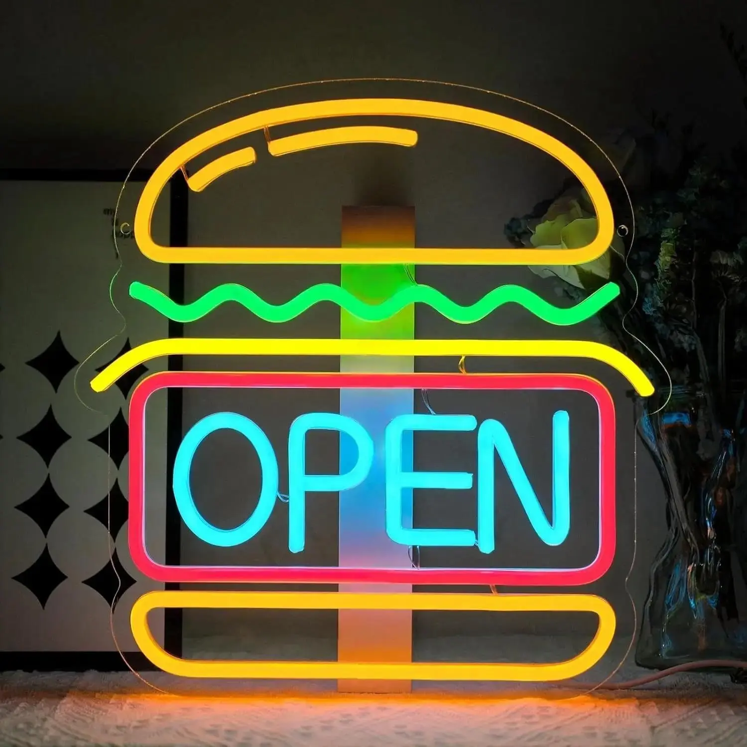 Sign Illuminated "Open Burger" Neon Sign Wall Decor Adjustable Brightness LED Lamp USB Powered For Snack Shop Home Party Restaurant Night Light 32cm×33cm Sign Lamp