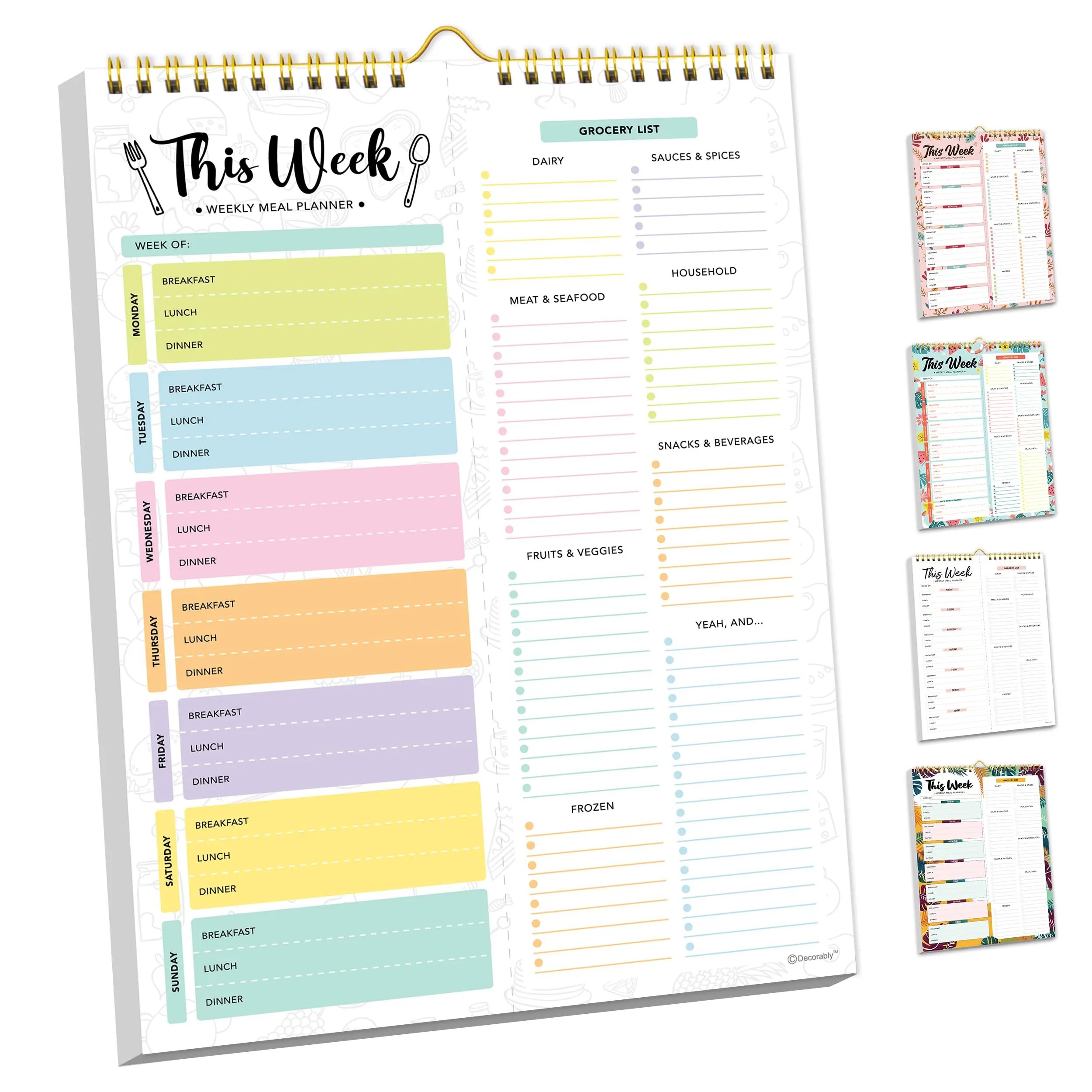 Weekly Meal Planner Notebook - 8.5x11", 52 Sheets, Magnetic, Wall-Mountable Grocery List & Menu Planner