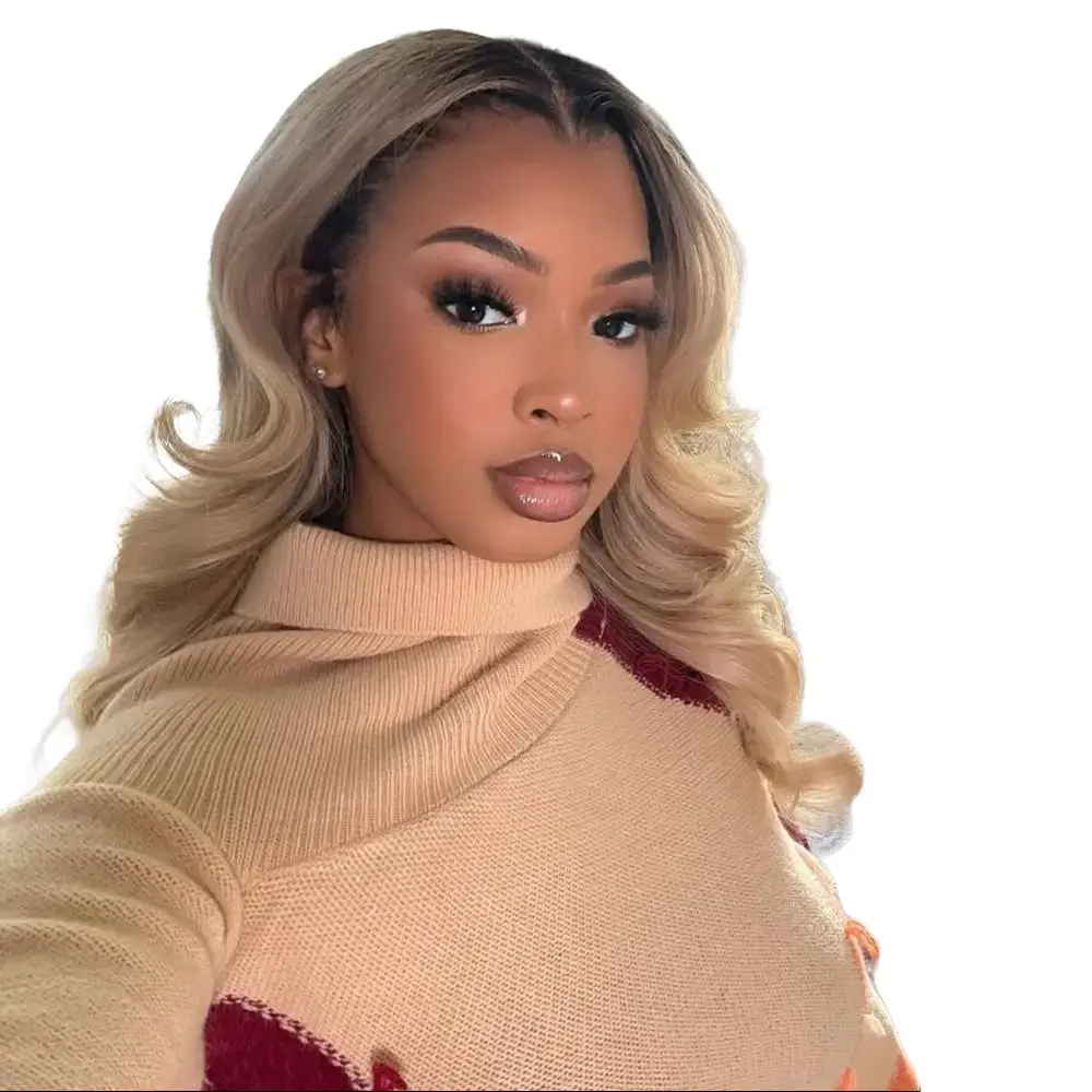 Ombre Ash Blonde Body Wave Lace Frontal Wig 13X6 Transparent Lace With Elastic Strap 180% Density Brown Roots Milk Tea Blonde Colored Human Hair Wigs For Women, Heat Resistant