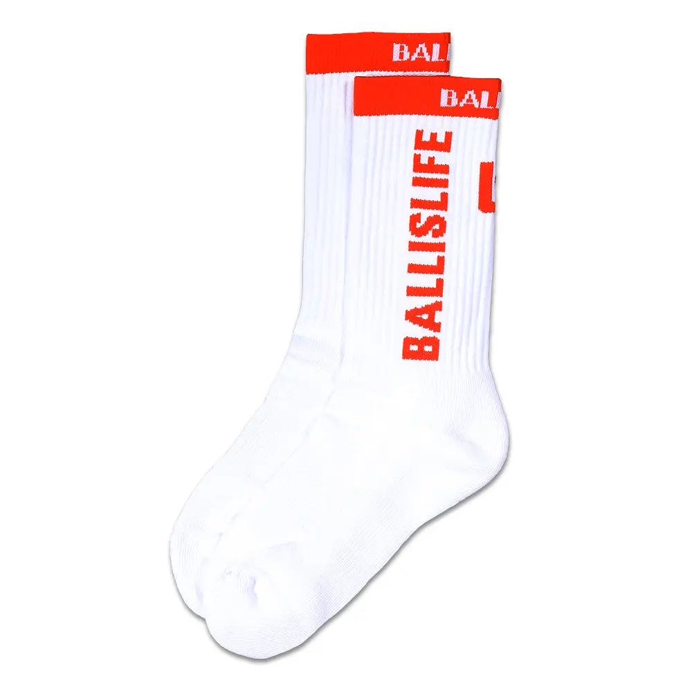Elite Socks in White/Red - Classic Ballislife Design with Extra Cushioning