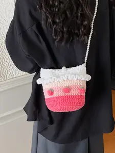 Sweet Girl Style Gradient Strawberry Cake Crochet Bag, Pearl Chain Crossbody Shoulder Bag, Cute Mini Backpack for Daily Use, Fashionable Bag