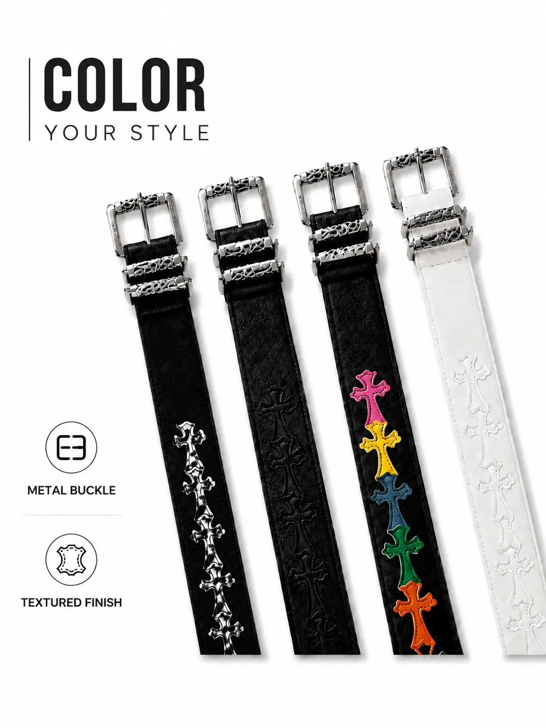 Unisex 110Cm Pebbled Roller Belt - Trendy Textured Waistband with Colorful Cross Accent and Detailed Metal Buckle, Casual Streetwear Accessory for Men, Women & Anyone Who Loves Expressive Style, Belts, Men's Accessories, Casual Wear