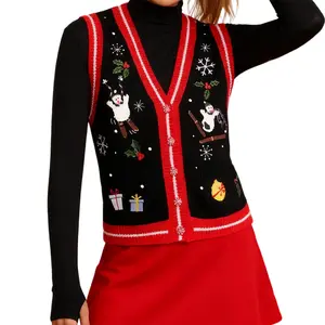 Christmas Women Knit Vest, Elegant Sleeveless Button Vest Snowman Winter Top for Casual Daily Black Womenswear