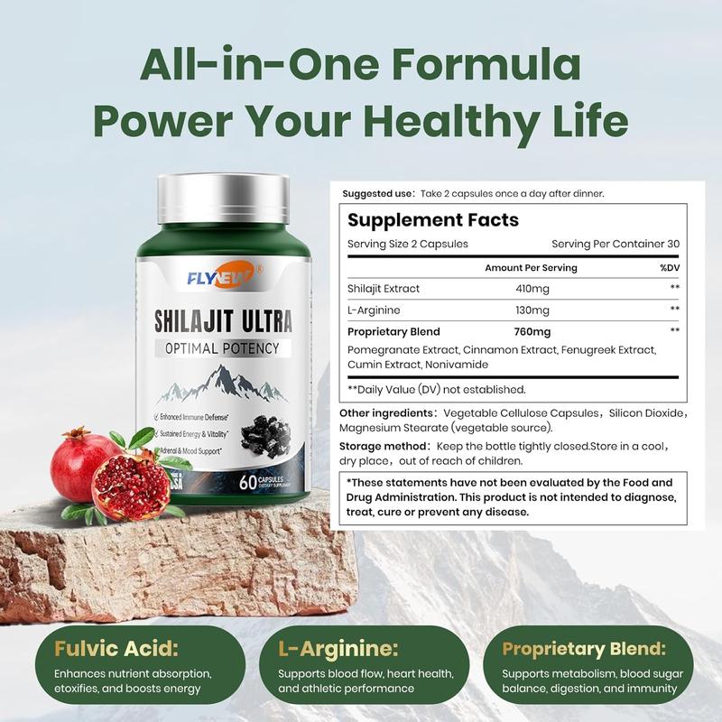 Natural High-Potency FLYNEW Shilajit Ultra I Adaptogen Energy Stamina Immune Antioxidant I Made in USA | 60 Capsules Dietary Supplement Healthcare Fitness Vitamin Edible Organic