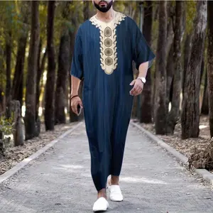 Men's Arabic Islamic Robe - Traditional Muslim Jilbab/Thobe with V-Neck & Golden-Toned Trim, Loose-Fit Long Sleeve Onesie for Ramadan, Hajj, Umrah, Casual & Formal Wear - Comfortable & Modest Muslim Clothing