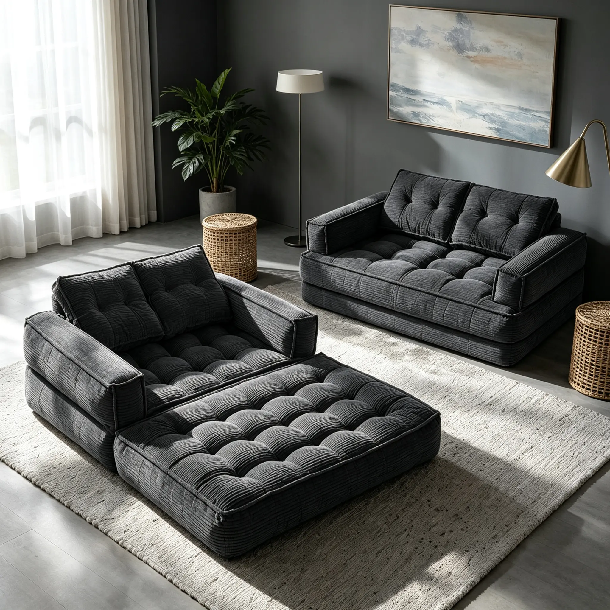 51" Modern 2-Seater Modular Corduroy Sofa  with Chaise Lounge - Boneless Convertible Floor Couch, No-Assembly Lazy Double Sofas for Living Room, High-Density Foam Textured Weave Apartment Guest  sectional shape furniture delivery day upholstered corner,so
