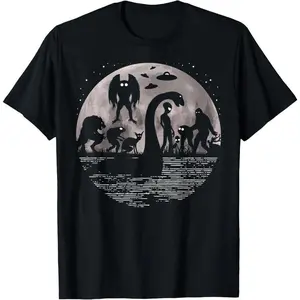 Bigfoot Loch Ness Monster Mothman And Aliens! Funny Cryptid T-Shirt Novelty Graphic T Shirt funny tshirt Undershirts Tees Casual Streetwear Classic Plain Men's Women Cotton Moisture Wicking Short Sleeve Crew Neck