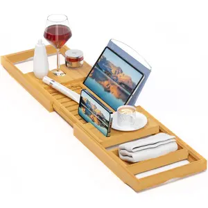 Luxury Expandable Bamboo Bathtub Tray Caddy - Wooden Bath Tray with Book, Tablet and Wine Holder, Great Gift Idea for Bathroom