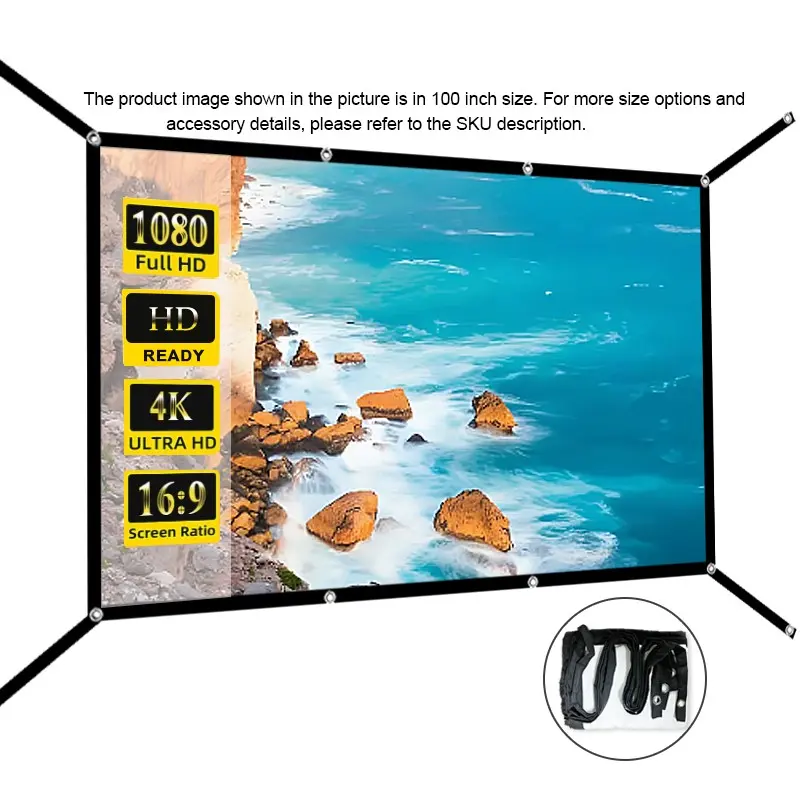 16:9 high-definition projection screen, Hd Projector Screen, foldable for cleaning and storage without drilling, portable wall mounted projection screen 60-150 inches, wall mounted foldable soft screen for home office bedroom living room Projector Screen