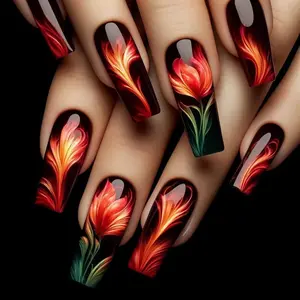 Fire Flame Pattern Fake Nails Kit, Removable Flared Handmade Nails False Nails for Women Girls Nail Art, Effortless Handmade Press on Nails Manicure Set, Nail Extensions, Glossy Fake Nails