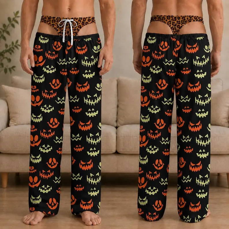 Custom Mens Halloween Pajama Pants, Personalized Funny Sleepwear with Novelty Underwear Print, Spooky Party Loungewear, Gag Gift for Him