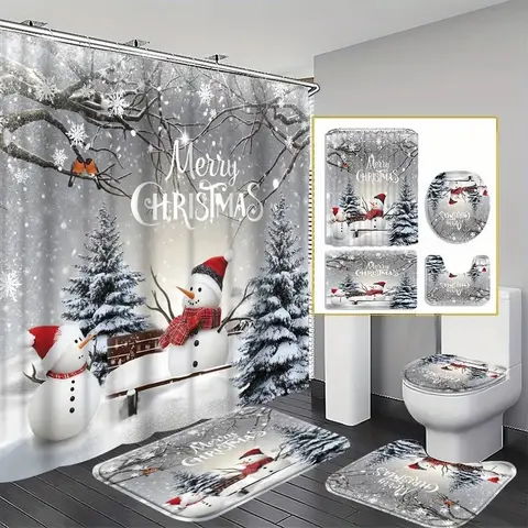 Christmas Snowman Shower Curtain, Modern Home Decor, Three-Piece Set with Hooks, Beautiful Housewarming Gift, Bathroom Accessories