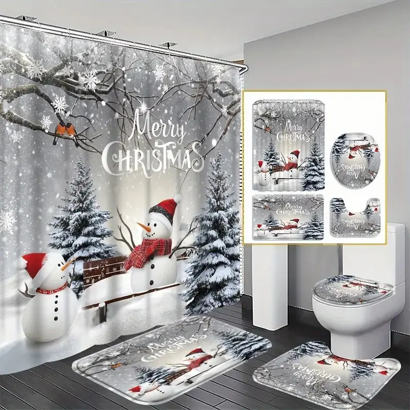4pcs Christmas Snowman Decorative Bathroom Shower Curtain Sets, Shower Curtain Set For Bathroom, Modern Home Decor with Toilet Floor Mat & 12 Hooks, Perfect Housewarming Gift