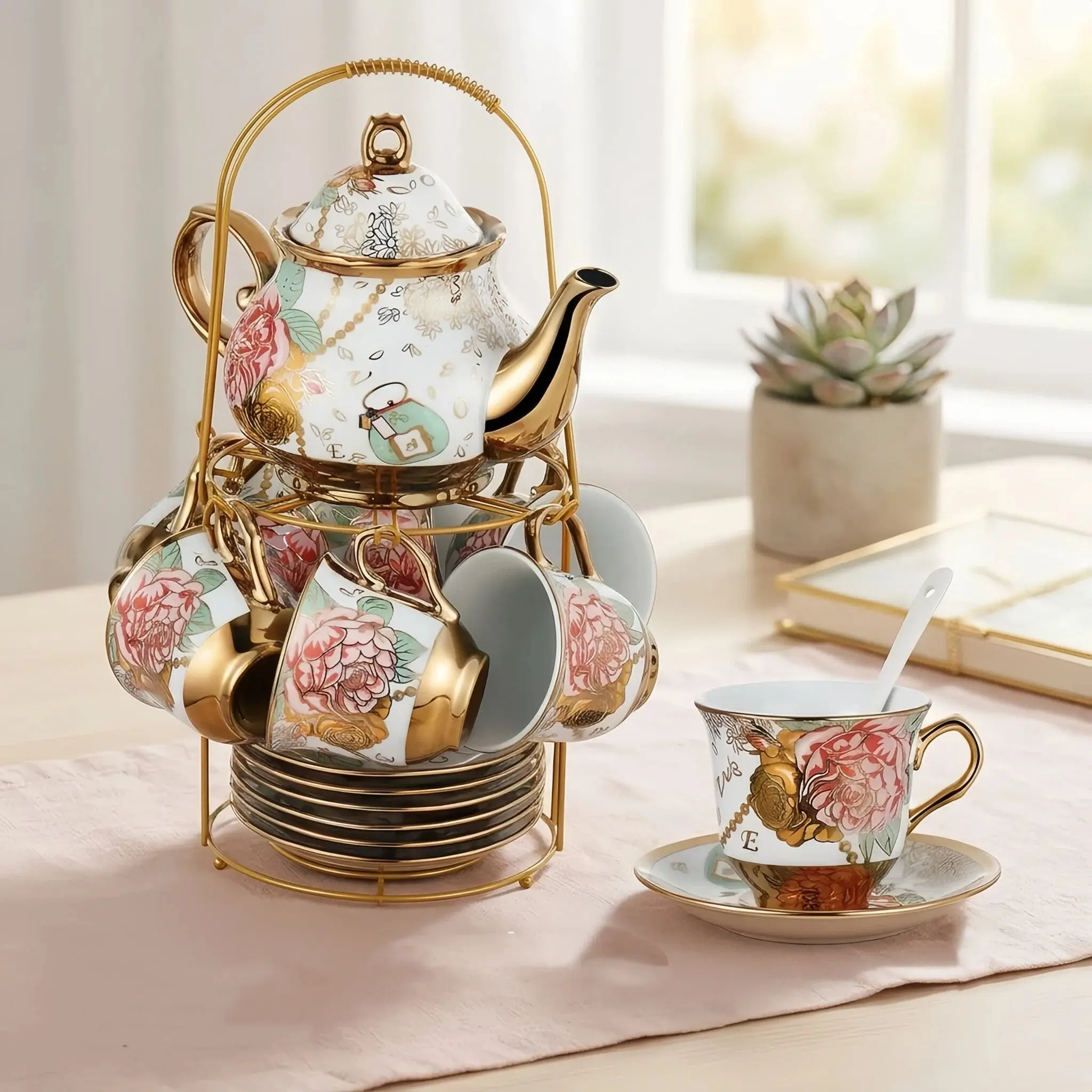 20Pcs Elegant Floral Gold Trim Ceramic Tea Set with Metal Storage Rack, Vintage Porcelain Teacup Saucer Spoon Kit for Afternoon Tea Party Home Decor