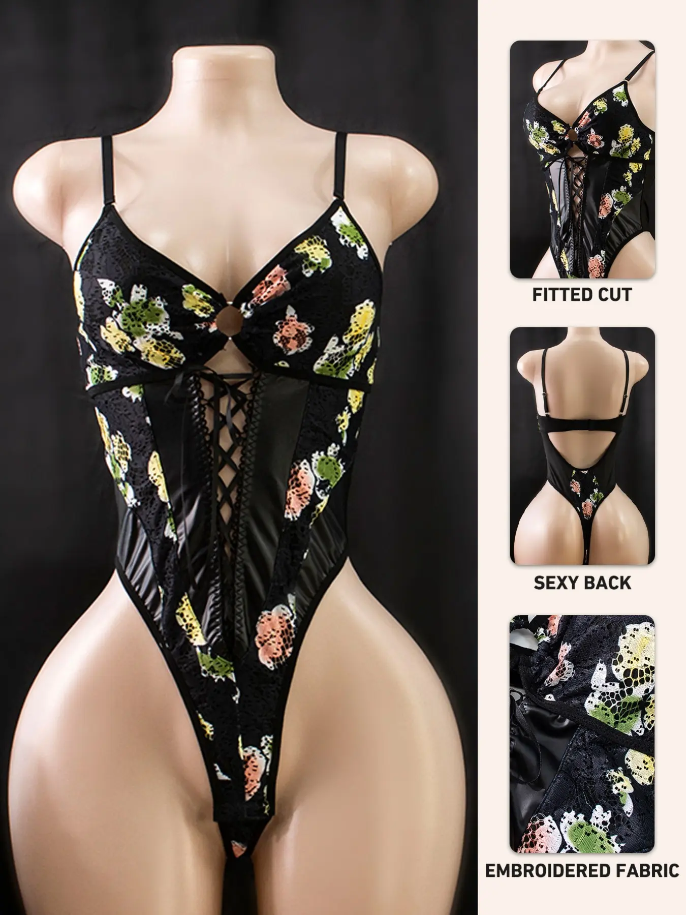 Women's Sexy Embroidered Silk Print Bodysuit, Lingerie, Low Neck Slim Fit Tank Top, Elegant Vintage Sleeveless Backless Blouse, All Seasons Wear