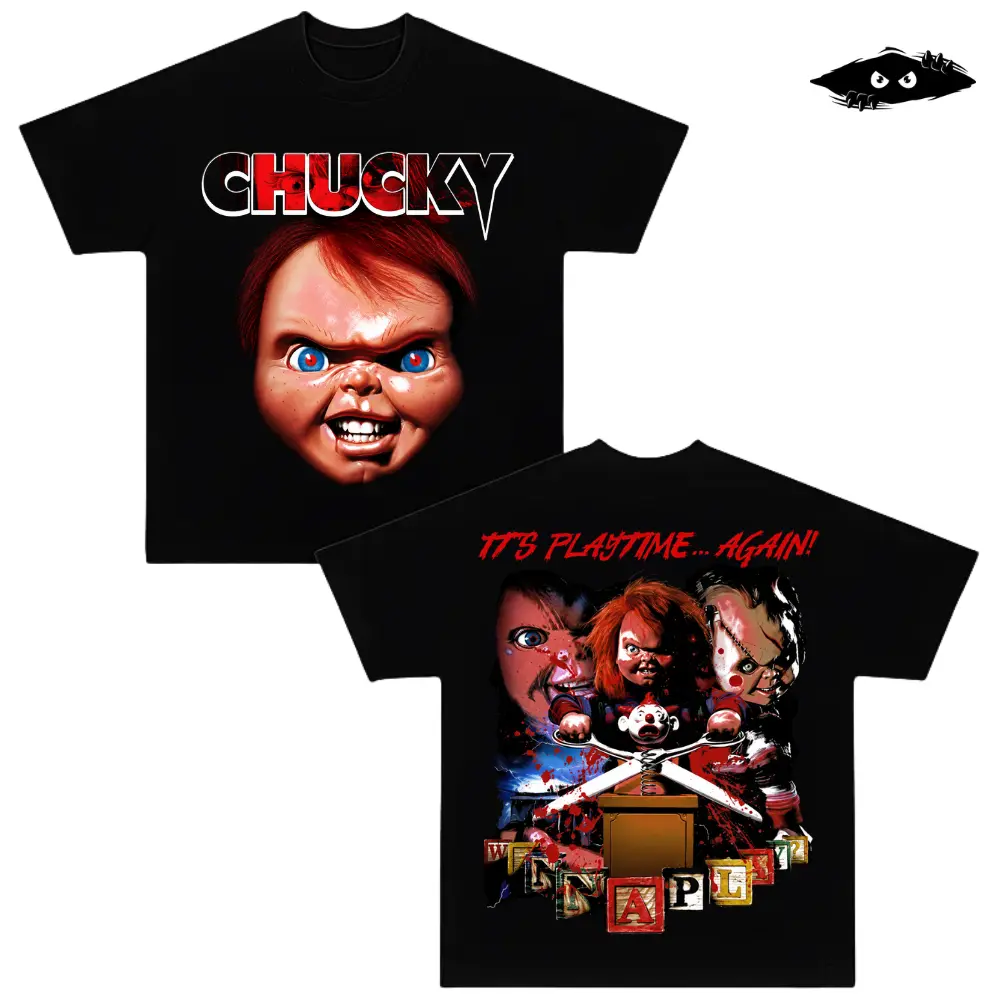 Chucky Horror Movie Double Sided Graphic Tee, Featuring A Bold Vintage Slasher Design With "It's Playtime Again" Artwork, Heavyweight Cotton Oversized T-Shirt For Horror Fans, Halloween Outfits, Spooky Parties, And Unique Fan Gift Ideas.