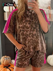 Summer Casual Colorblock Striped Leopard Print Short Sleeve Top Shorts Set Two-Piece, Women's Fashion, Womenswear, Comfortable and Stylish, Summer Outfits Set