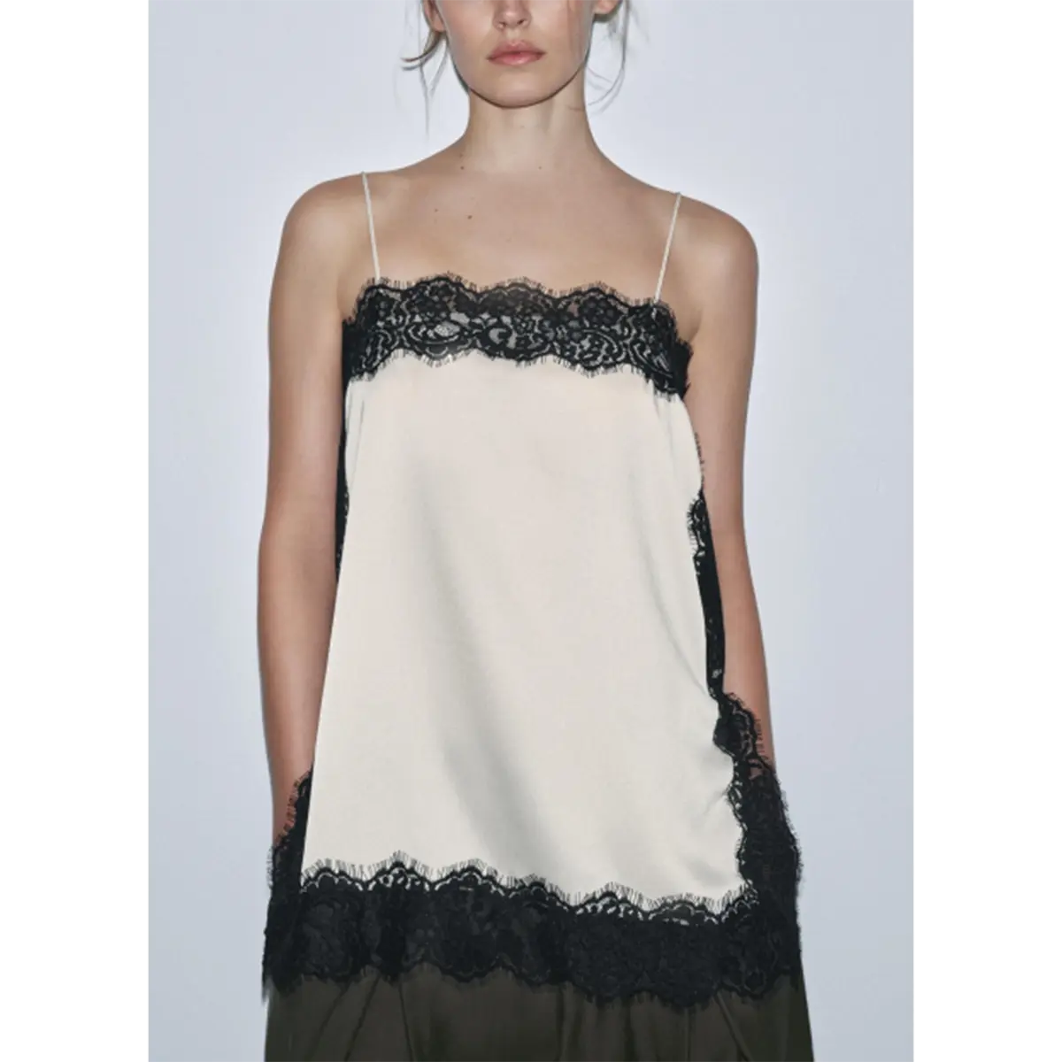 Women's Satin Polyester Camisole - Smooth Spaghetti Strap, Square Neck, Lace Patchwork, High-Low Feminine Tank Top for Jeans Layering, Silk, Slip, Elastic, Loose, Fashion