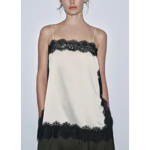 Women Satin Tops Slik Lace Patchwork High Low Square Neck Spaghetti Strap Tank Top Cami Lace Tunic Undershirt