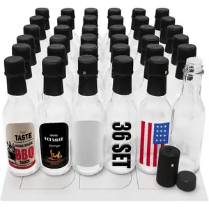 36 Pack 5oz Hot Sauce Bottles, Empty Clear Glass Woozy Bottles with Shrink Capsules, Small Wine Bottle with Shirnk Bands, Canning Bottle Cap Dripper Self-Printable Labels Free Design Template - BLACK