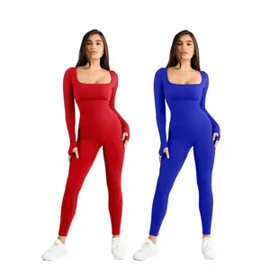 [2-Piece Bundle] Popilush Sports Seamless Square Neck Long Sleeve Jumpsuits-Live