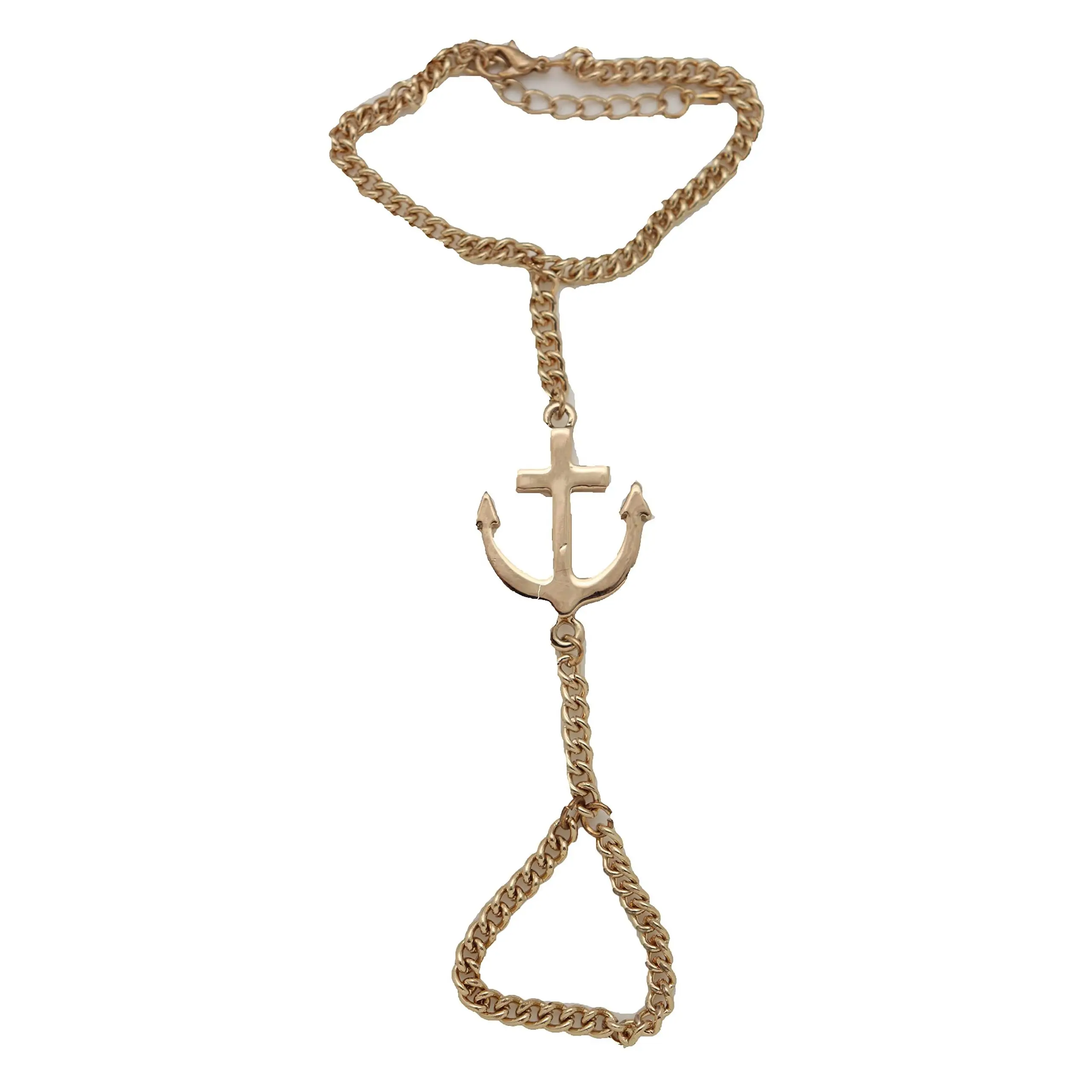 Women Gold Metal Anchor Bracelet - Fashion Jewelry Hand Chain Charm Connected Ring