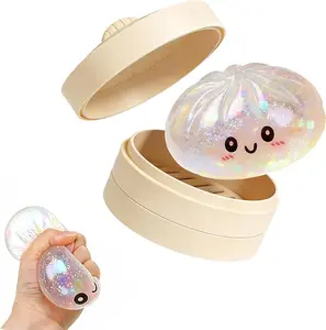 Handheld Glitter Dumpling Stretchy Squishies Stress Relief Fidget Toy - Soft Squeeze Anxiety Relief Finger Toy in Authentic Steamer Box, Fun Gift for Adults (White Glitter)