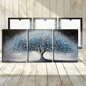 Framed triptych, dark gray tones with lush tree trunks and blue leaves, suitable for bedroom, office, living room wall decoration, art home decor, 12x 16inch, 16x 24inch, framed