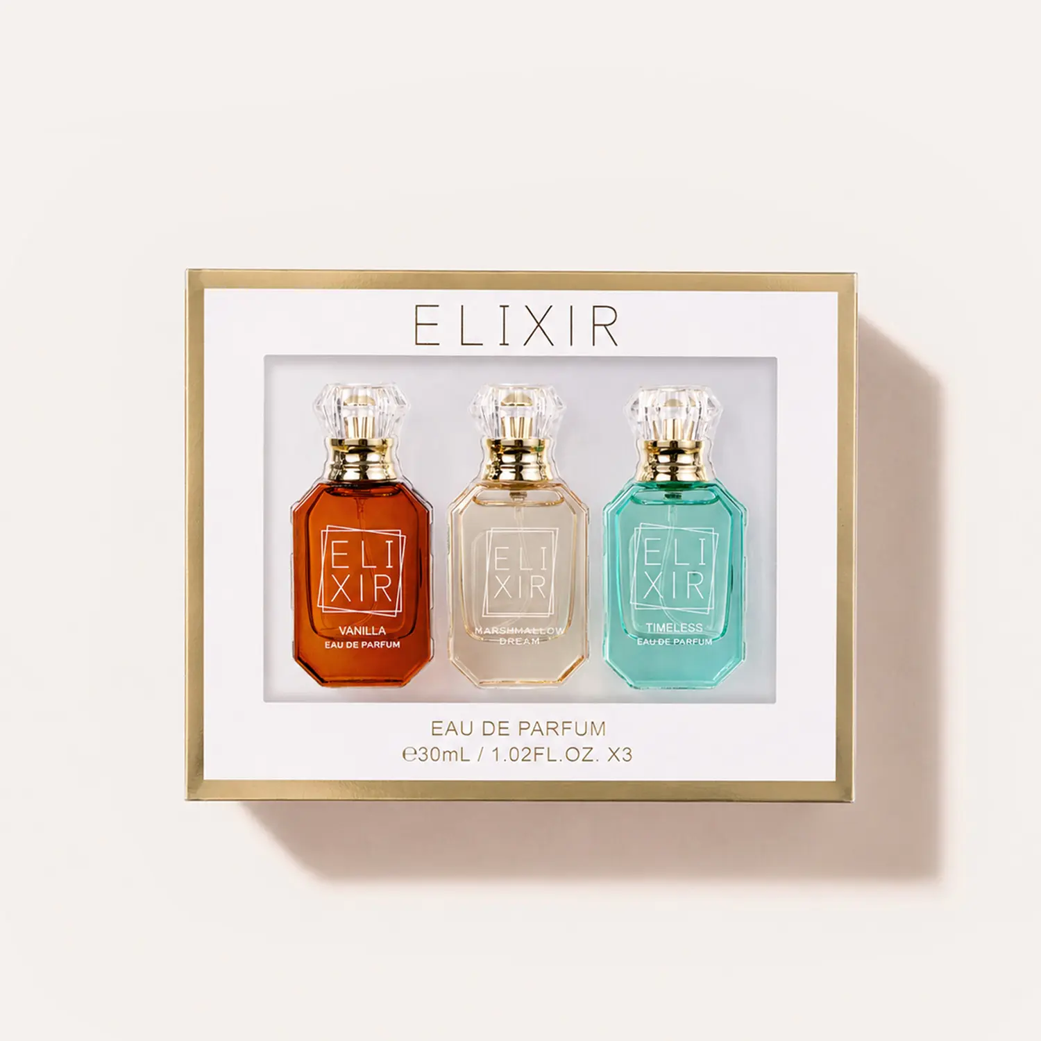 Odosbeauty Elixir 3pc Eau De Parfum Layering Set - 3x30ml Bottles (Vanilla, Marshmallow Fluff, Timeless) with Amber, Pistachio, Musk Notes, Date Night Fragrance Wardrobe Completion