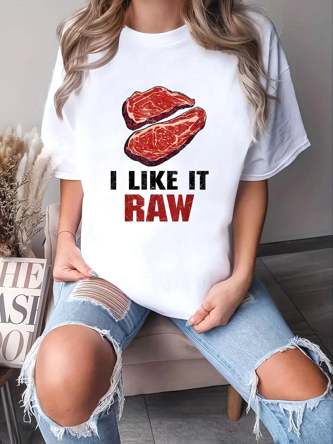 Women's 100% Cotton Round Neck Shortsleeve Loose Casual Graphic Tee - Unisex "I Like It Raw" Funny Beef Steak BBQ Pitmasters Top