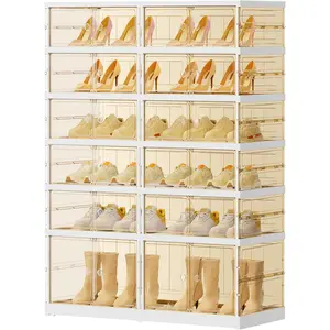 6 Tiers 12-24 Pairs Foldable Shoe Boxes Large Plastic Shoe Storage Rack Collapsible Shoe Organizer for Closet Tall Shoe Shelf Clear Stackable Shoes Cabinet with Doors entryway
