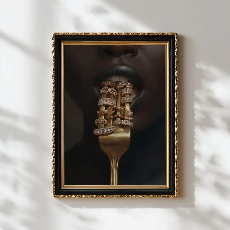 Black and Gold African American Woman Wall Art, Gold Jewelry Print