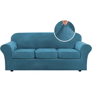 Velvet Plush 4 Piece High Stretch Sofa Slipcover Sofa Cover Furniture Protector Form Fit Luxury Thick Velvet Sofa Cover for 3 Cushion Couch Width Up to 90 Inch (Sofa,Peacock Blue)