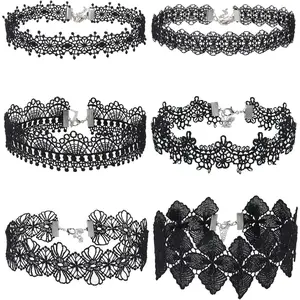 Choker Necklace Black Choker Lace Choker Gothic Necklace for Women Girls, Black, 6 Pieces