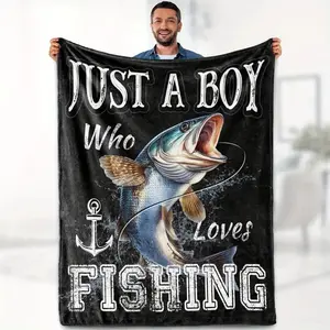 "Just a Boy Who Loves Fishing" Design Fishing Blanket - Fisherman's Gift - Soft Flannel All-Season Bed Throw Blanket, funny graphic Bass Jumping Pattern - Ideal Christmas/Birthday Gift for Fathers and Anglers - Slogan Print Blanket