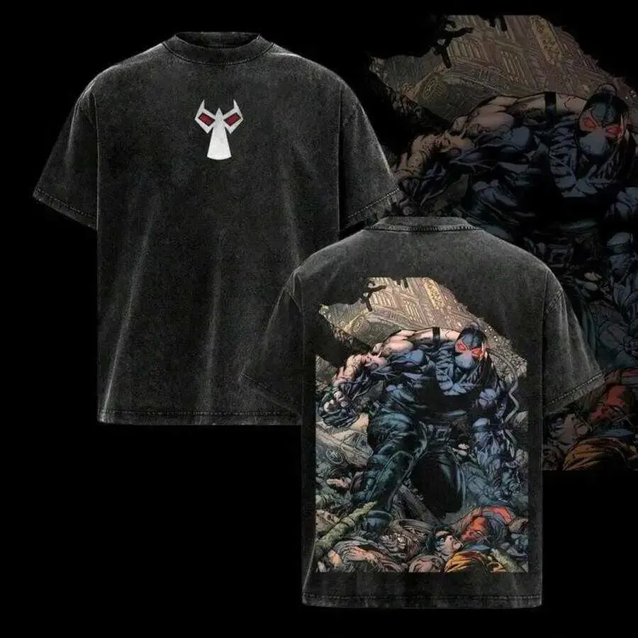 Vintage Acid Washed Bane Comic Graphic Tee Oversized Cotton Streetwear Unisex T-Shirt Double Printed Lightweight Y2K Superhero Top Casual Summer Outfits 90s Retro Manga Style 2D Apparel Everyday Menswear Grunge Urban Clothing For Men Women Daily Outfit