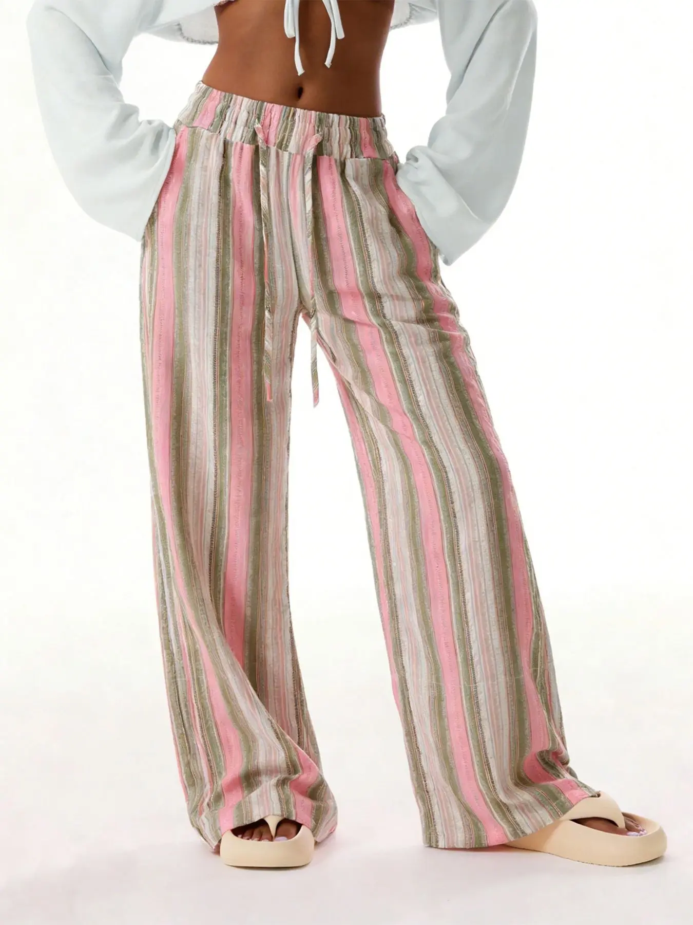 women's bohemian-style wide-leg pants, with high-waisted adjustable elastic drawstring and relaxed fit, are ideal for summer beach vacations and everyday casual wear, made from a comfortable, Lightweight, Breathable fabric