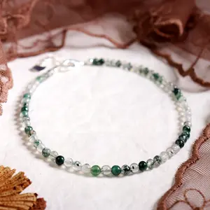 Natural Moss Agate Gemstone Delicate 2MM Round Beaded Bracelet Healing Charka Crystal Sliver Chain Minimalist Anklet Ankle Bracelet Gift for Women