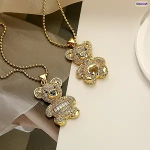 18K Gold Copper-Plated Bear Pendant Necklace for Women, Cute Zircon Charm, Versatile Collarbone Chain, Trendy INS Style, Gift for Teens & Fashion Lovers,summervibes