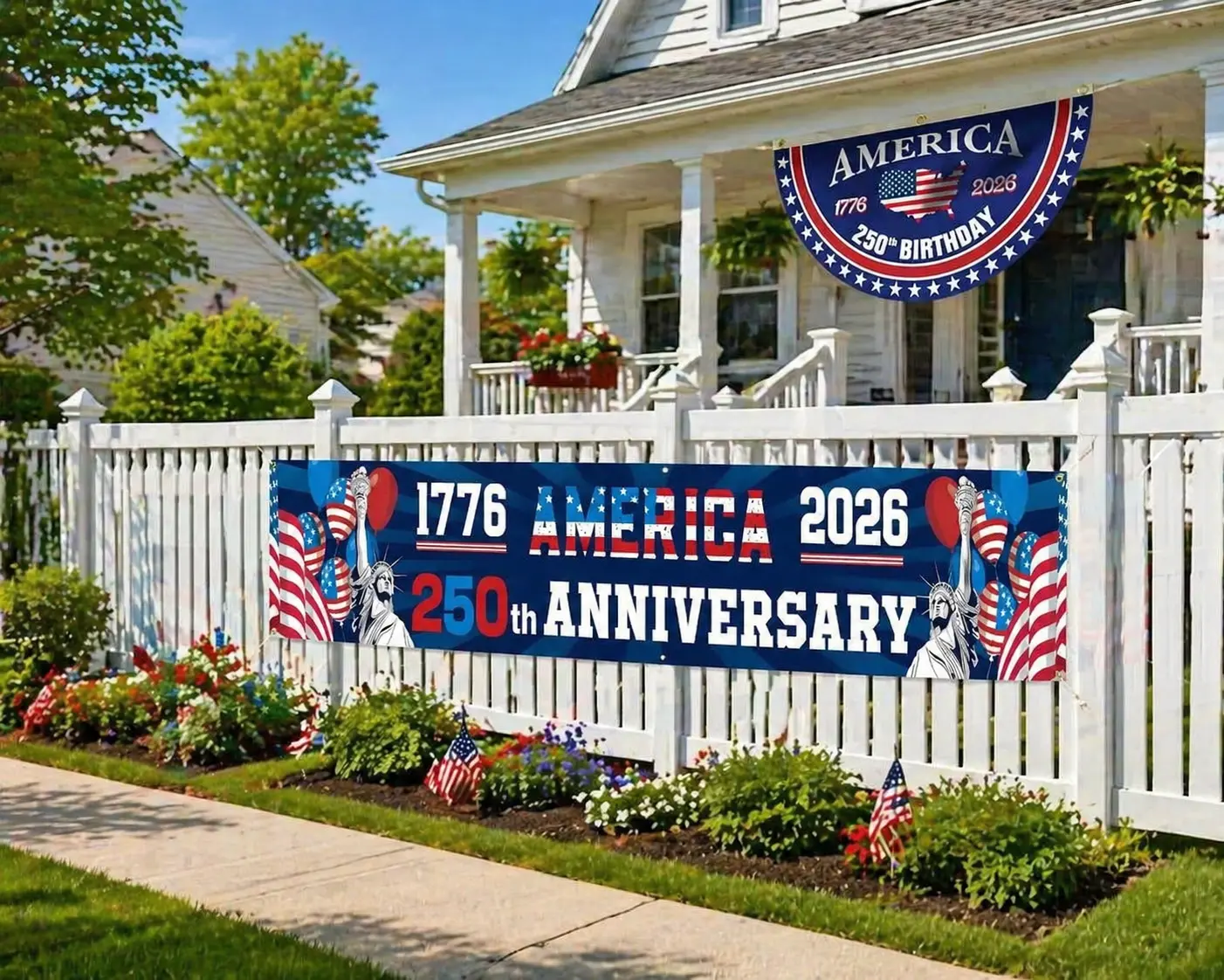 Set of 2 Patriotic Half-Round Banners — Commemorating the 250th Anniversary of the Founding of the USA (1776–2026) — Polyester Fabric Hanging Flags for July 4th Independence Day Decor (Suitable for Porches, Fences, etc.)