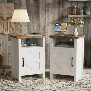 Farmhouse Modern Nightstand With Open Storage Shelf Sliding Barn Door Design MDF Wooden Bedside End Table Minimalist Rustic Accent Side Table Easy Assembly For Bedroom Living Room Home Decor
